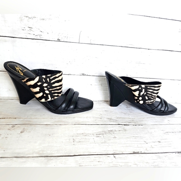 Vintage J Vincent Zebra Fur Black Leather Slip on Strappy Heels Sandals Size 9M - Picture 7 of 13